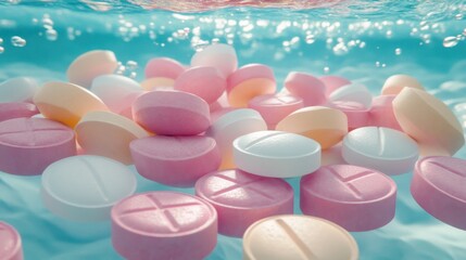 A surreal underwater shot where pills and bubbles mix, refracted sunlight painting the water in ethereal colors.