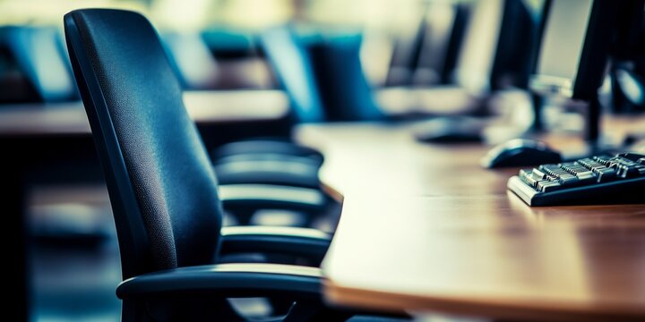 Empty office desk with vacant chairs and monitors, symbolizing layoffs and workplace downsizing. Concept of job loss, corporate restructuring, and economic uncertainty in modern business environment.