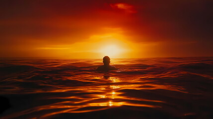 Man swimming in ocean at sunset, feeling freedom and peace