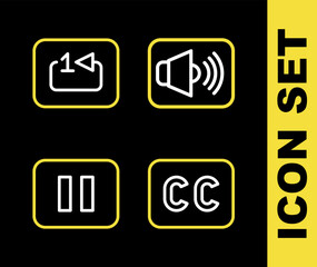 Set line Speaker volume, Subtitles, Pause button and Repeat track music player icon. Vector