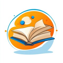 Colorful and Creative Illustration of an Open Book with Pages Turning Against a Bright Orange Circular Background for Educational and Artistic Purposes