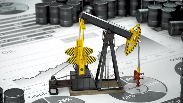 Oil pump jack and barrels. Growth of price of crude oil. Stock market of crude oil