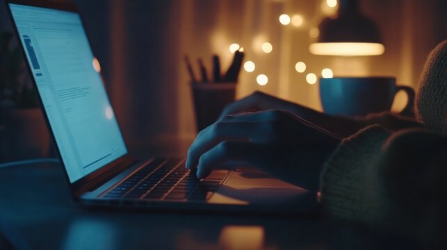 Cozy Evening Work Session with Laptop and Warm Lighting Ambiance