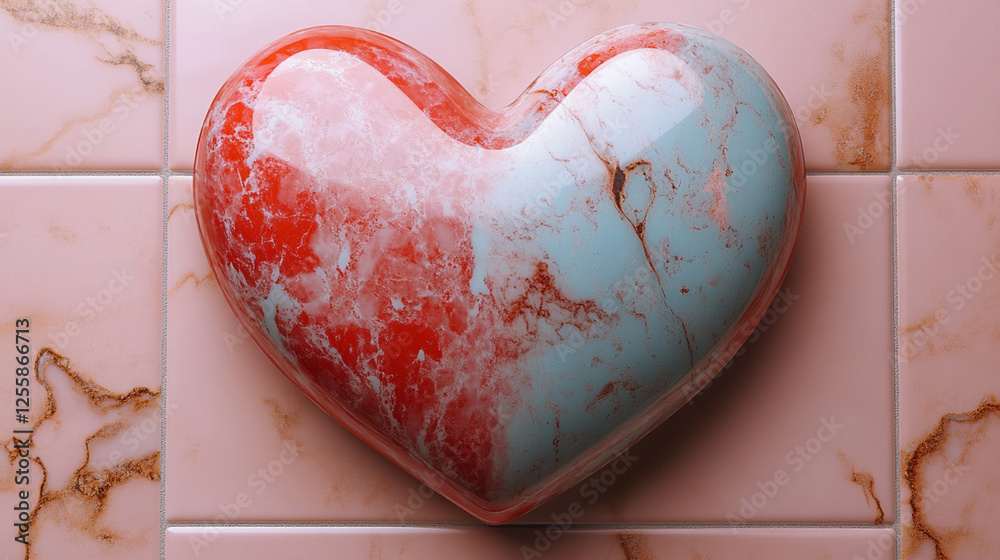 Wall mural Heart-shaped marble object resting on smooth pink tiles in a serene setting. Generative AI