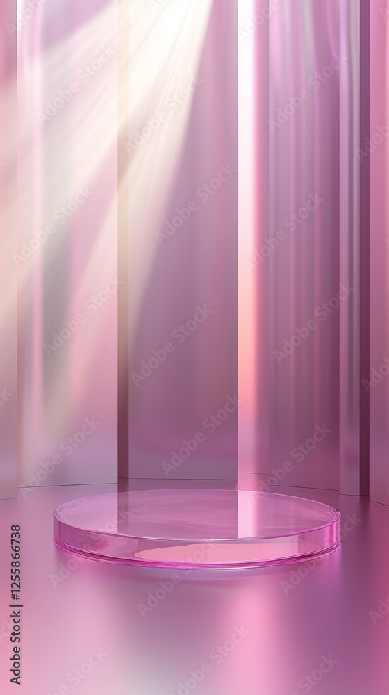 Poster soft pink light cascades around a circular stage platform, reflecting a dreamy ambiance. the contemp