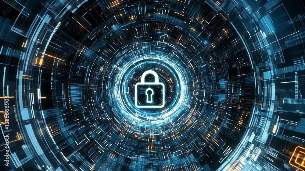 Poster glowing digital padlock symbolizes cybersecurity within a futuristic tunnel of data streams, represe