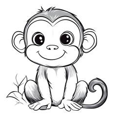 Obraz premium Cute Cartoon Monkey with Blank Outline for Coloring and Kids Activities