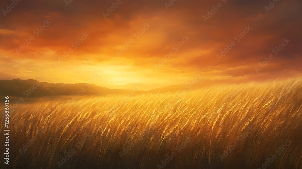 Aufkleber a serene landscape featuring golden fields illuminated by a vibrant sunset, creating a tranquil and 