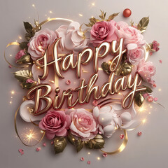 A beautiful birthday greeting with 'Happy Birthday' written in elegant gold lettering over a bed of fresh pink flowers. The floral background includes roses and peonies, creating a luxurious and festi