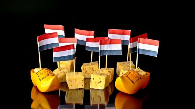 Typical dutch food: Cumin cheese, clogs and little flags with the colors of the dutch flag in the Netherlands
