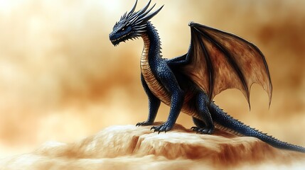 Majestic Dark Dragon Perched Upon a Sandy Rock