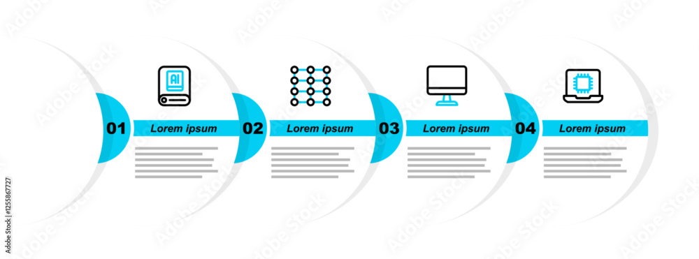 Poster Set line Processor CPU, Computer monitor, Neural network and Artificial intelligence AI icon. Vector