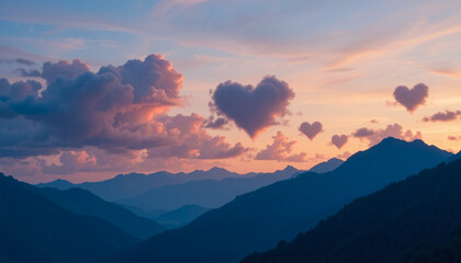 Obraz premium Heart-shaped clouds in sky over mountain landscape at sunset
