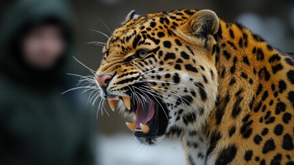Obraz premium Amur leopard snarling, winter habitat, zookeeper blurred background, wildlife conservation