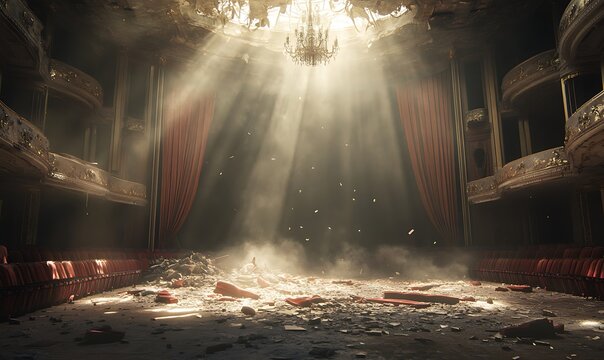 A desolate theater with a chandelier, sunlight streaming through dust, and debris scattered across the floor, evoking a sense of abandonment and nostalgia.