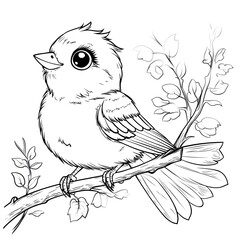 Obraz premium Cute Cartoon Bird Outline on Tree Branch for Kids Coloring