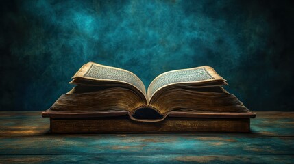 Antique book open, teal backdrop, wooden table, mystical scene, history