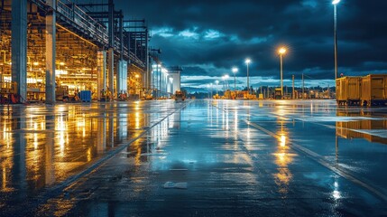 Tarmac Driveways. brightly lit industrial area at night with wet reflective surfaces