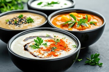 Creamy plant-based sauces drizzled over dishes close-up angle in soft lighting highlighting textures and colors