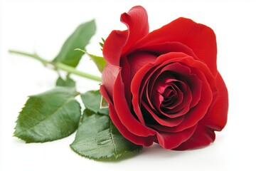 Close-up of a single red rose with vibrant green leaves.