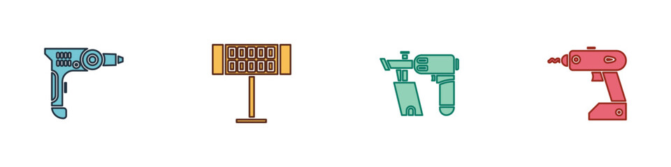 Set Electric drill machine, heater, Nail gun and cordless screwdriver icon. Vector