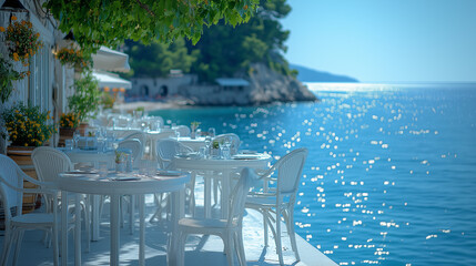 Fototapeta premium White chairs and tables on the stone terrace with a stunning view of the sea, distant mountains and bright flowers. An ideal place for relaxing in nature.
