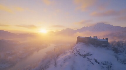 A breathtaking sunrise casts a warm glow over a snow-covered landscape and a distant castle, creating a serene winter scene.