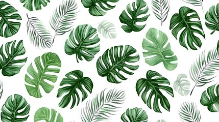 Naklejka premium Tropical Green Leaf Pattern with Various Palm and Monstera Leaves