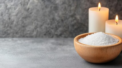 Wooden bowl with salt and candles for spa relaxation