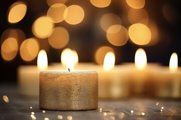 Beautiful Golden Atmosphere with Burning Candles on Black Background. Perfect for Birthday Parties. Space for Text