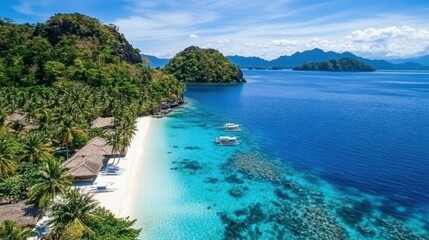 Obraz premium A tropical island view with lush green palm trees, white sand beaches, and crystal-clear water under a bright blue sky.