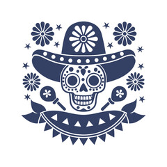 Cinco de Mayo Sugar Skull Silhouette Clipart Vector Illustration