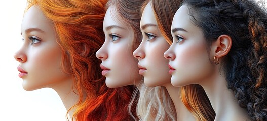 Obraz premium Hair Color Progression: Red, Blonde, and Curly Dark Styles