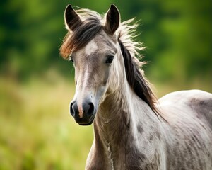 Beautiful Grullo Horse in Nature: Close-up Photo of a Fast and Majestic Equine Foal Grazing in the Green Field