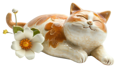 PNG Ceramic cat figurine with flower