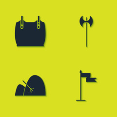 Set Body armor, Medieval flag, Bale of hay and rake and axe icon. Vector