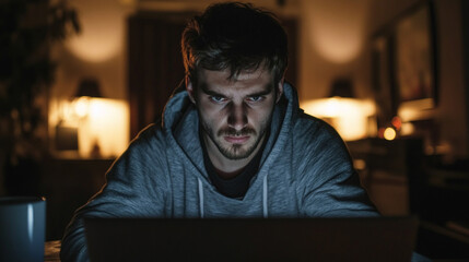 Focused Young Man Working Late at Night on Laptop in Cozy Indoor Environment