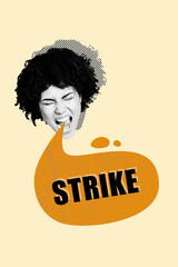 Vertical art creative trend collage of angry american girl head scream strike chatterbox communication demonstration concept riot