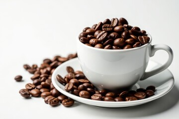 Obraz premium Roasted coffee beans overflowing a pristine white cup, breakfast, delicious, porcelain
