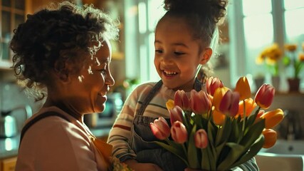 This young girl joyfully gifts her grandmother vibrant tulips, celebrating together.