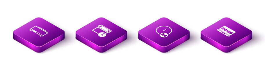 Set Isometric Digital alarm clock, Calendar and, Clock 24 hours and on laptop icon. Vector