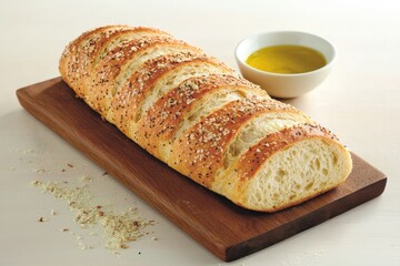 A rustic bread loaf on a wooden board, with crumbs scattered around and a small bowl of olive oil dipping on the side