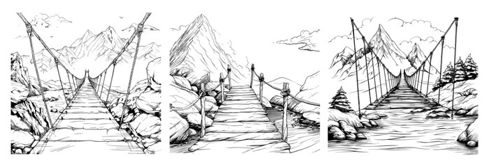 Rope bridge black ink sketch between two mountains vector set. Rocks footbridge suspension, horizon pathway crossing ropeway view, travel route swinging span overpass, isolated vectors illustrations