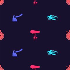 Set Bicycle shoes, brake, seat and Stopwatch on seamless pattern. Vector