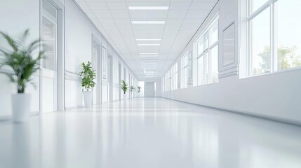 Fototapeta premium Empty White Hospital Corridor With Plants