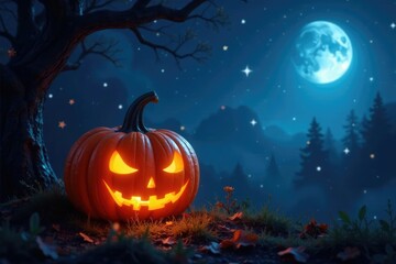 Obraz premium A glowing pumpkin against a backdrop of twinkling stars and moonlight, whimsical, glow, mystical