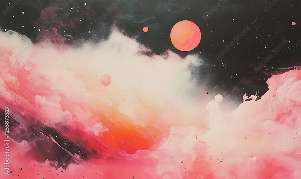 Poster a vibrant cosmic scene featuring swirling clouds of pink and orange against a dark background, with 