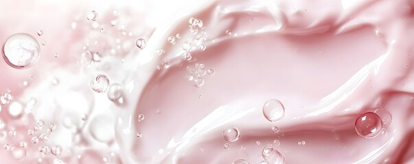 Dreamy pink liquid droplets and bubbles swirling and glistening on a soft pastel hued and delicate textured background  This abstract macro level image evokes a sense of purity freshness