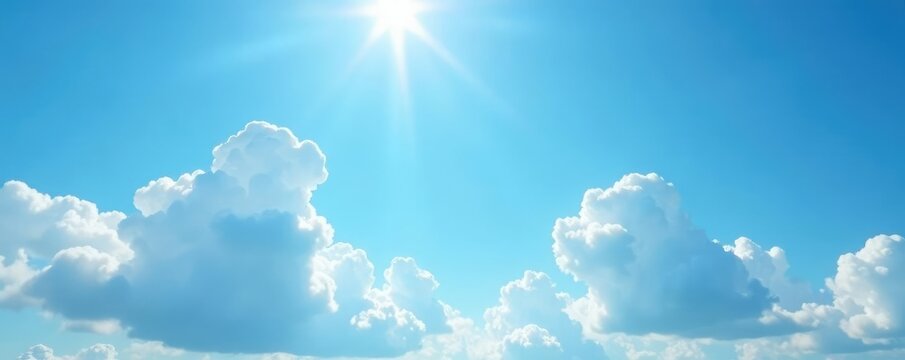 A light blue sky with scattered cumulus clouds and a few sunbeams, sunlight, cloudy