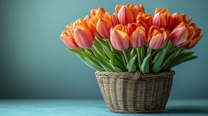 Obraz premium Vibrant tulips in a woven basket adorn a serene blue background, creating a stunning floral display perfect for any setting